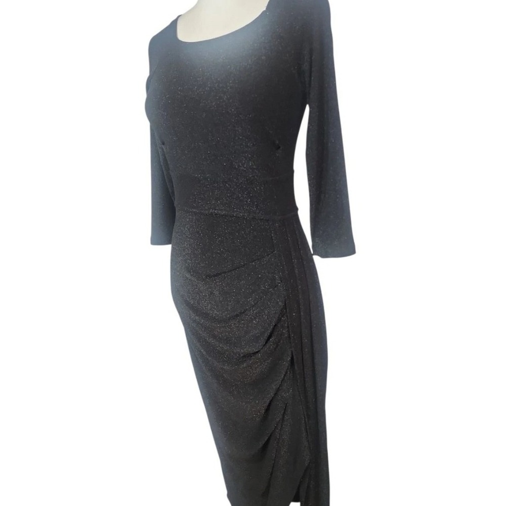 Elegant Black Shimmer Midi Dress with Ruched Side And Scoop Neckline Size XL